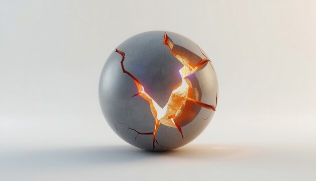 Stone orb with glowing golden light emitting from deep interior cracks cracked sphere glowing energy broken ball interior glow abstract object fractured surface energy core minimalist