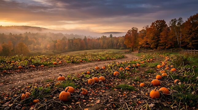 Vast pumpkin patch in rural landscape during golden autumn sunset hour.