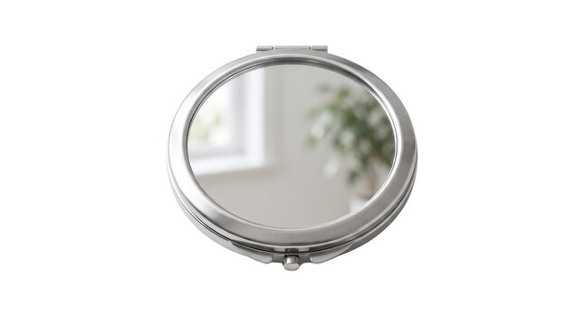 Shiny round metal pocket mirror reflecting a bright blurred interior room