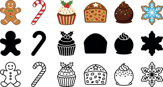 Christmas festive sweets and bakery vector icons set featuring gingerbread man candy cane cupcake cake and cookie in line art style