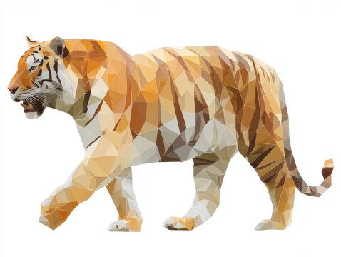 Low Poly Geometric Tiger Walking Isolated On White Background With Vibrant Orange And Brown Shades