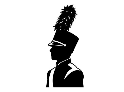 Marching band member silhouette vector, musician in shako hat with plume, profile of brass or percussion performer in parade uniform