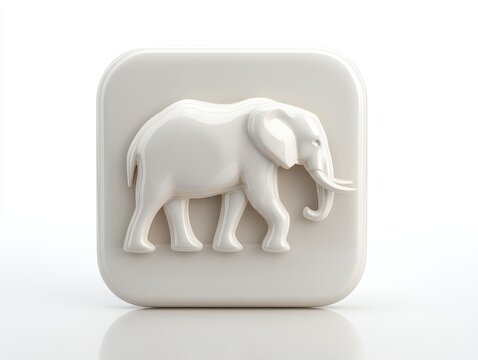 Minimalist White Elephant Icon Embossed On Rounded Square Button Isolated On Bright White Background
