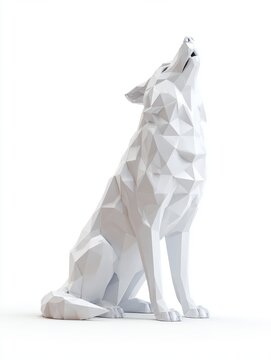 Minimalist White Geometric Low Poly Wolf Sculpture Howling Isolated On A Clean White Background