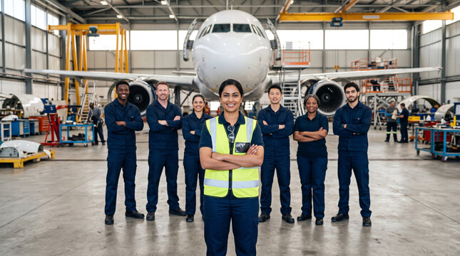 Aircraft maintenance engineer leads diverse aviation technical team in modern hangar, showcasing aircraft inspection, avionics, maintenance, engineering and aviation safety.