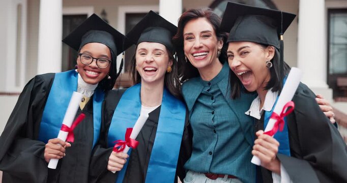 Face, students or professor with hug for graduation pride, achievement or cheering with diploma. Excited, lecturer or embrace girls outdoor for ceremony support, graduate celebration and certificate
