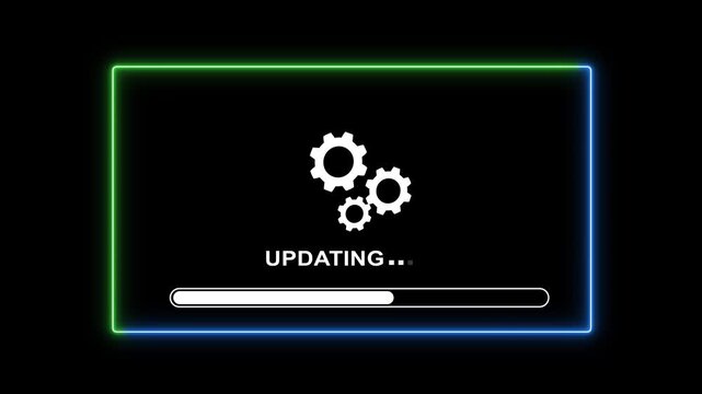 Dynamic neon loading bar animation with spinning industrial gears and updating text on black background, for modern digital, technology and software, system upgrades