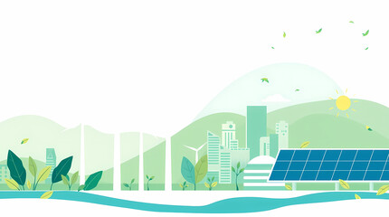 Obraz premium Vibrant illustration of a sustainable urban landscape featuring green energy solutions like solar panels and wind turbines.