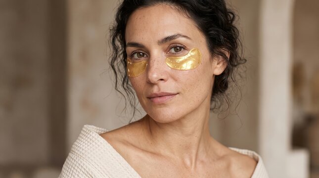 Serene woman with gold collagen eye hydrogel patches under eyes for dark circles treatment