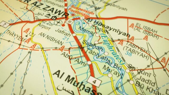 Al Muhassan to Deir ez-Zor road journey, Syria &ndash; geographic map animation, gliding view