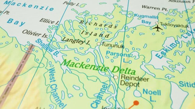 From Inuvik to Aklavik over the Mackenzie Delta, Canada &ndash; atlas map, gliding view