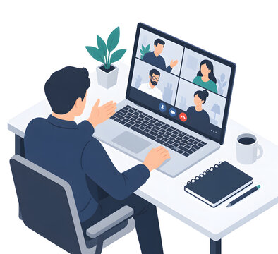 3D isometric illustration of man having video conference call with colleagues on laptop