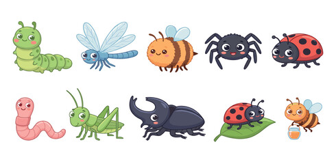 Obraz premium Insect background. Kid scene with bugs. Natural field scenery in grass with funny ladybug, spider, bee, worm, ant, caterpillar, dragonfly. Vector cute child insects concept