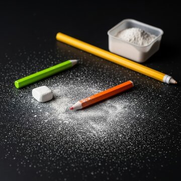 Scattered white chalk dust on a dark black surface with orange green and yellow pencils a white square eraser and a small plastic container filled with white powder.