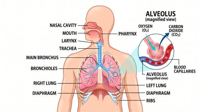 Diagram of the human respiratory system featuring magnified alveolus