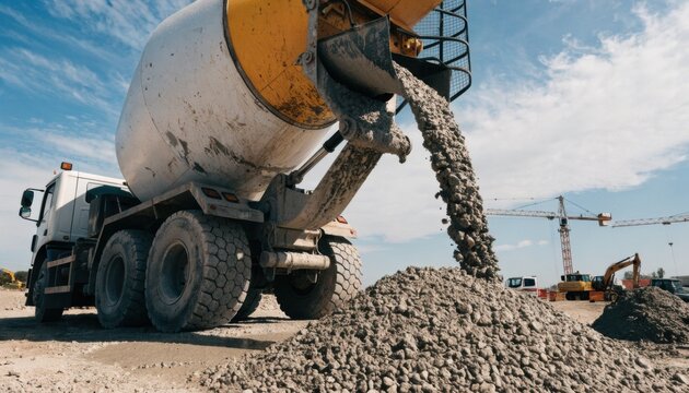 Concrete mixer truck pouring aggregate onto construction site