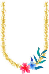 Decorative Gold Glitter Letter U with Colorful Pink and Blue Watercolor Flowers and Artistic Paint Texture. © Escata Studio