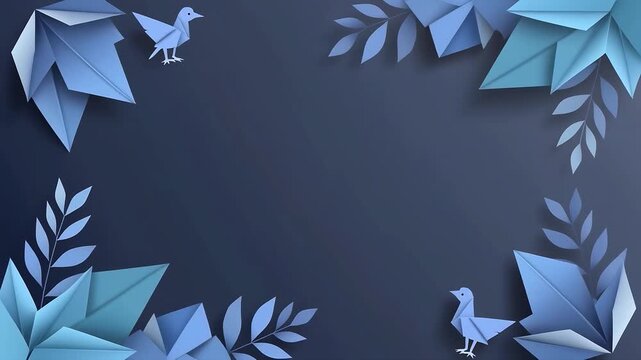 Origami Birds and Leaves: A tranquil composition featuring delicate origami birds and stylized leaves in varying shades of blue and teal, arranged artfully on a dark, textured background.
