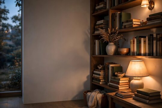 Cozy indoor bookshelf with warm lighting and stacked books creating a peaceful atmosphere