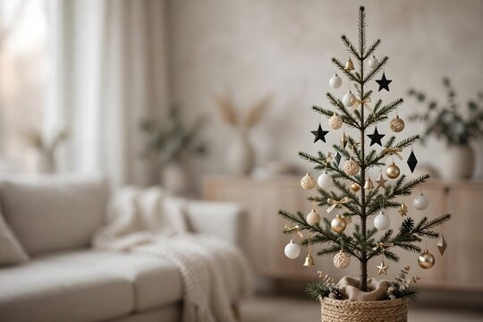 Decorated evergreen tree with ornaments in a cozy interior setting