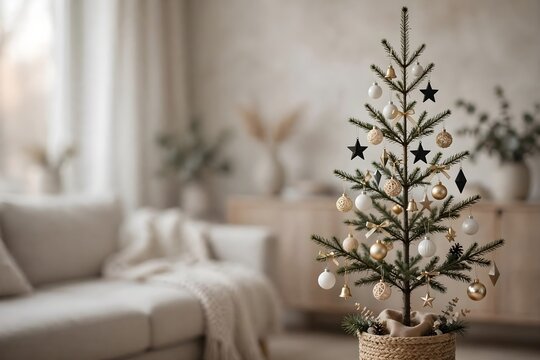 Decorated evergreen tree with ornaments in cozy room setting