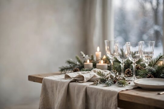 Festive table setting with candles and pine garland for holiday celebration