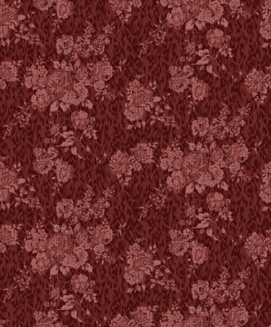 Seamless sophisticated burgundy geometric texture featuring elegant organic rose bouquet structures and refined technical textile design