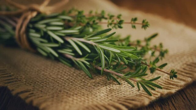 Bundled fresh rosemary and thyme tied with twine on burlap