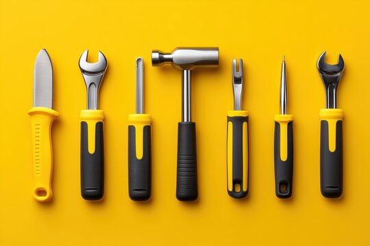 set of do it yourself tools on yellow background
