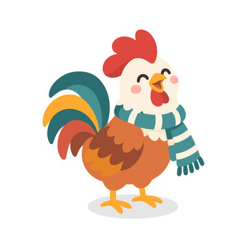 Cute Rooster Wearing a Scarf Cartoon Illustration