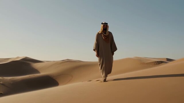 Man walks steadily toward camera across sunlit desert dunes, wearing a loose beige robe and head covering as long shadows stretch over rippled sand beneath clear blue sky