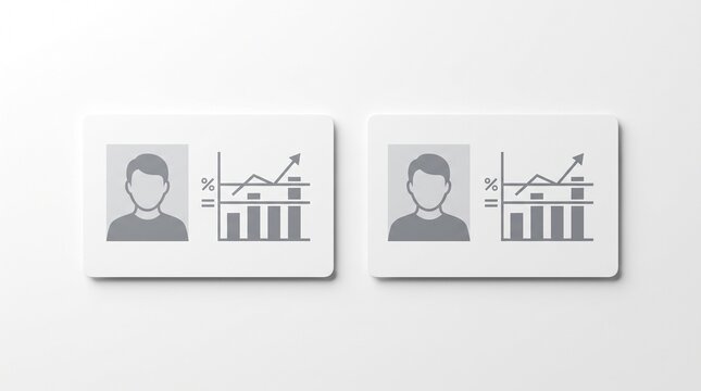 Two white employee identification cards featuring a generic avatar and business growth chart graphics neatly arranged on a clean background
