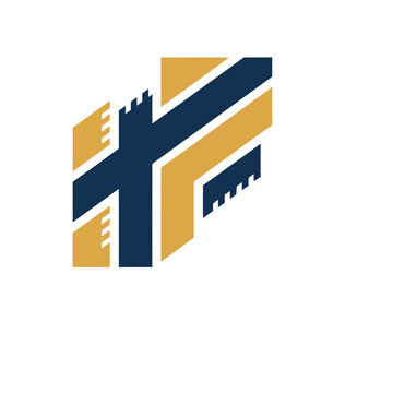 Abstract geometric logo with blue and gold elements