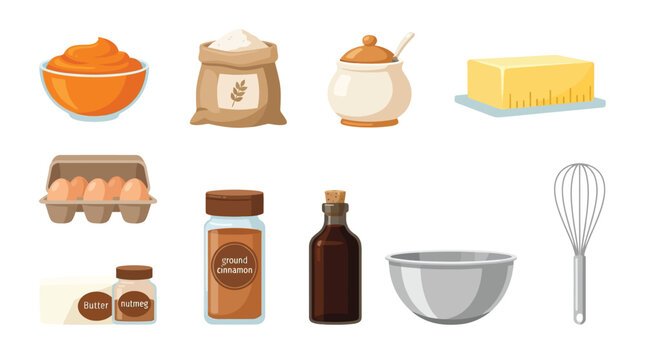 Flat baking ingredients and tools set, eggs, flour, butter