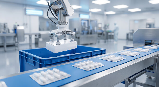 Robotic arm sorting pharmaceutical capsule blisters on blue production line conveyor.