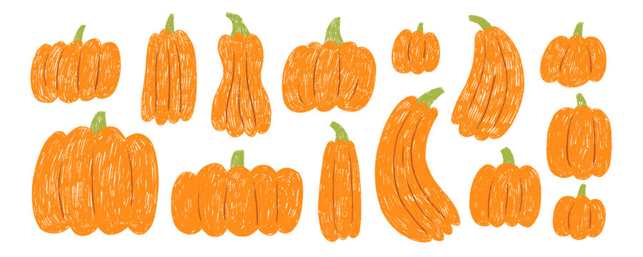 Color Orange Crayon Thanksgiving Pumpkin Set. Cute Doodle Fall Halloween Pumpkins Kit. Scribble Gourd Harvest Food Collection. Hand Drawn Organic Vector Illustration