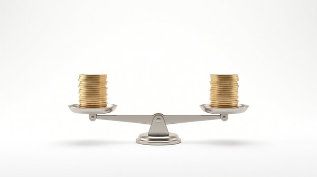 Equal stacks of gold coins balancing on a silver scale of justice representing financial stability and economic equality on a white background