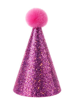 Glamorous pink glitter party hat with fluffy pom pom top isolated on clear background