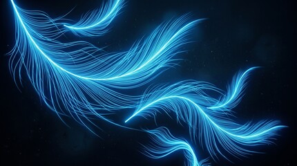 Fototapeta premium Abstract Glowing Blue Light Feathers Floating in Dark Space Futuristic Concept