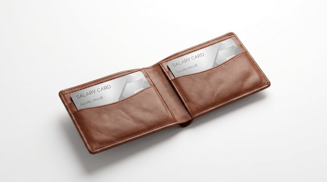 Open brown leather wallet with two silver salary cards inserted in pockets on a clean white background