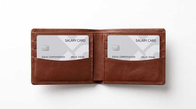 An open leather wallet showing two salary cards, symbolizing financial management and compensation