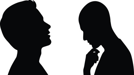 Fototapeta premium Solid black silhouettes of human heads facing each other representing dialogue and communication concept