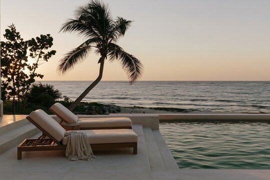 Tropical Modernism villa poolside with turquoise water, limestone steps, and teak loungers under a palm tree at sunset in Tulum, Mexico