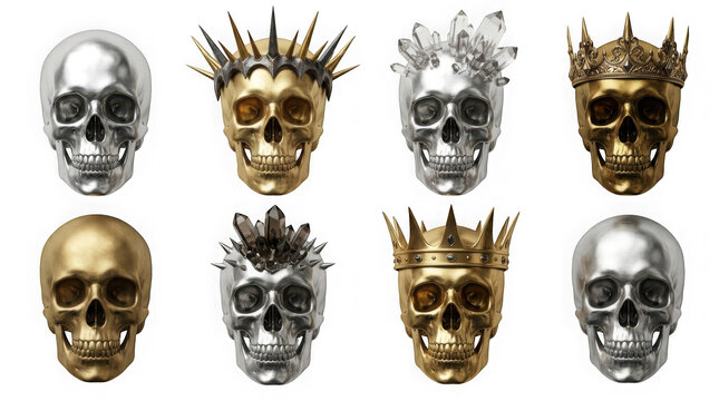 Set of eight realistic skulls made of gold and silver with crowns and crystals isolated on transparent background
