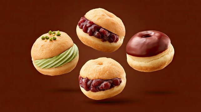 Assorted Round Pastries Filled with Sweet Red Bean Paste and Green Tea Cream on a Brown Background