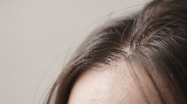 Extreme close up of oily scalp and wet dark hair roots near hairline