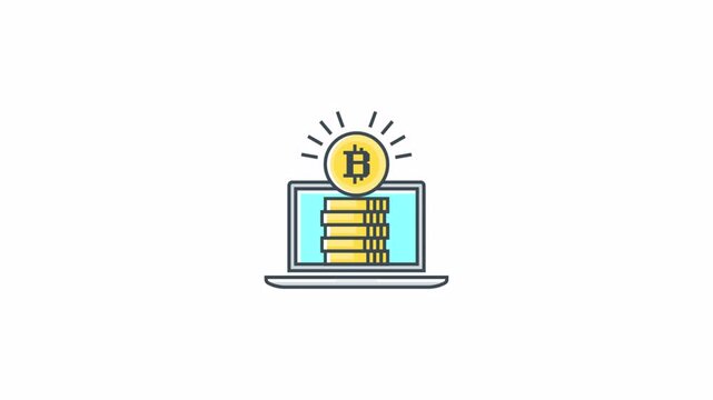 Digital Bitcoin Currency Stacks Appearing on Laptop Screen Animation.
