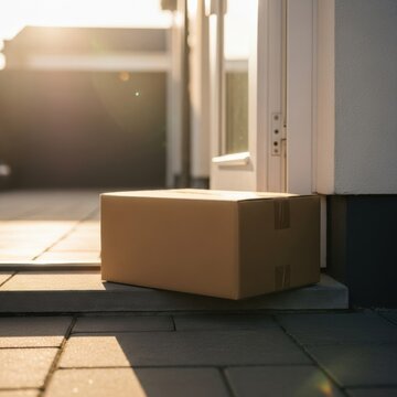 Cardboard delivery package sitting on a stone doorstep of a residential house entrance during sunset. Brown shipping box left at the front door with warm golden hour lighting.