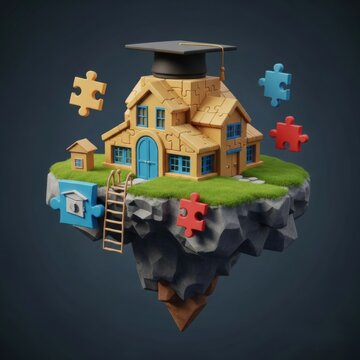3D illustration of a schoolhouse made of jigsaw puzzle pieces topped with a graduation mortarboard cap on a floating rock island with green grass, wooden ladder, and floating pieces.