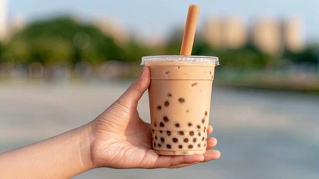 Hand holding a cup of bubble tea with tapioca pearls against a softly blurred outdoor background with trees and buildings